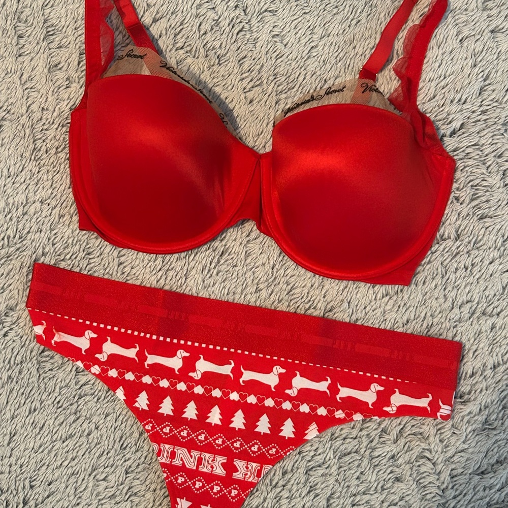 Victoria's Secret very sexy smooth logo embroidery balconette 34DDD bra w thong